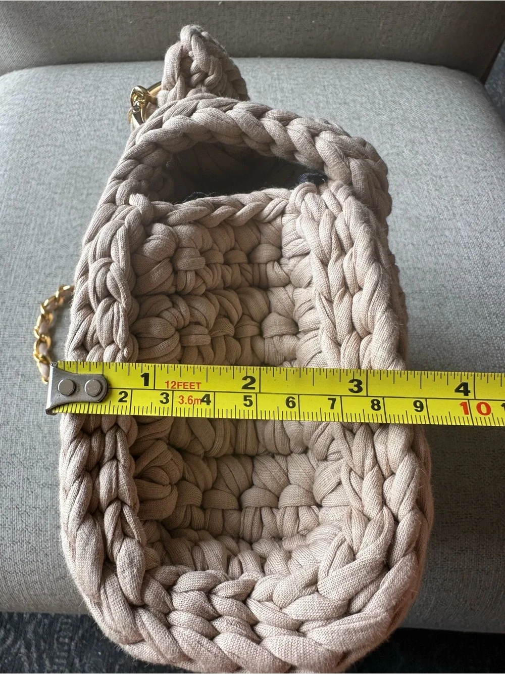 Handwoven Tan Fabric Crossbody Bag with Top Handle and Gold Chain Gold Accents